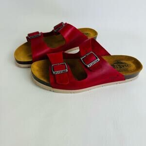 Plakton Giorgia Red Comfort Leather Sandals Double Strap Slides Size 38 US 7/7.5